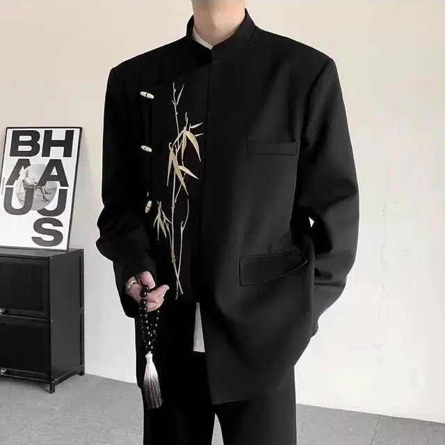 一碗士多 刺绣纯色纽扣多口袋新中式复古高街时尚流行痞帅个性高级设计日常通勤宽松舒适百搭不挑人西装 男女同款