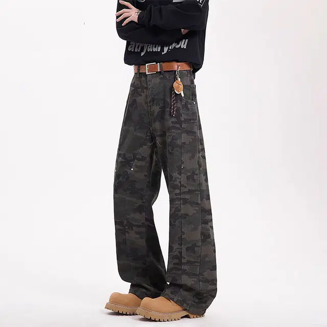 一碗士多 迷彩铆钉拼接解构美式复古高街时尚流行痞帅个性高级设计日常通勤宽松舒适百搭不挑人牛仔裤 男女同款