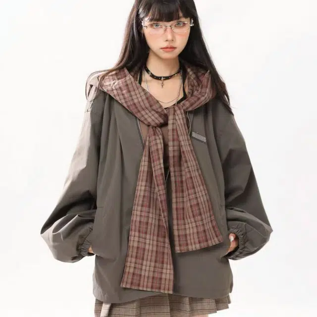 一碗士多  格子拼接围巾披肩撞色小众个性化高级感设计无性别主义宽松休闲舒适百搭情侣日常城市户外通勤学院风棒球服 男女同款