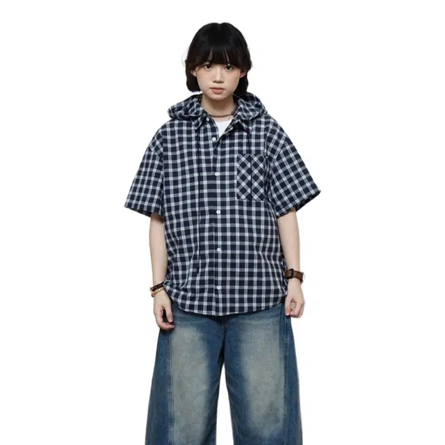 一碗士多 复古可拆卸连帽格纹夏季短袖衬衫 男女同款