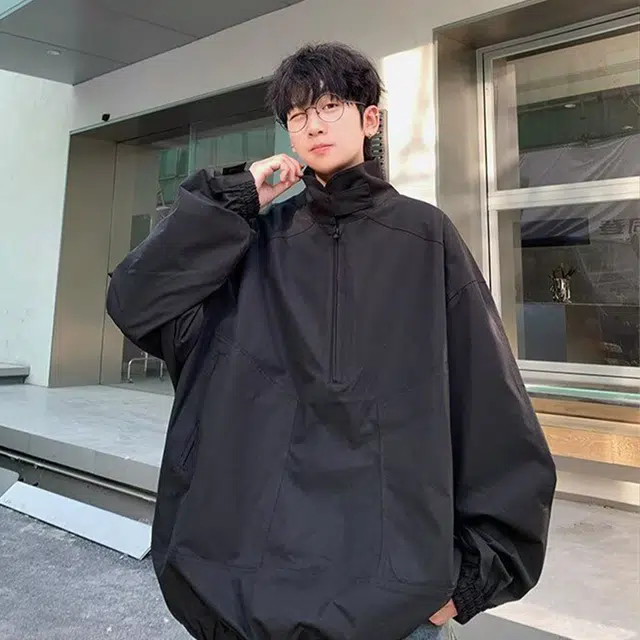 一碗士多 美式复古高街小众百搭纯色简约立领袖口褶皱下摆松紧设计户外登山徒步防风防水机能个性时尚夹克 男女同款