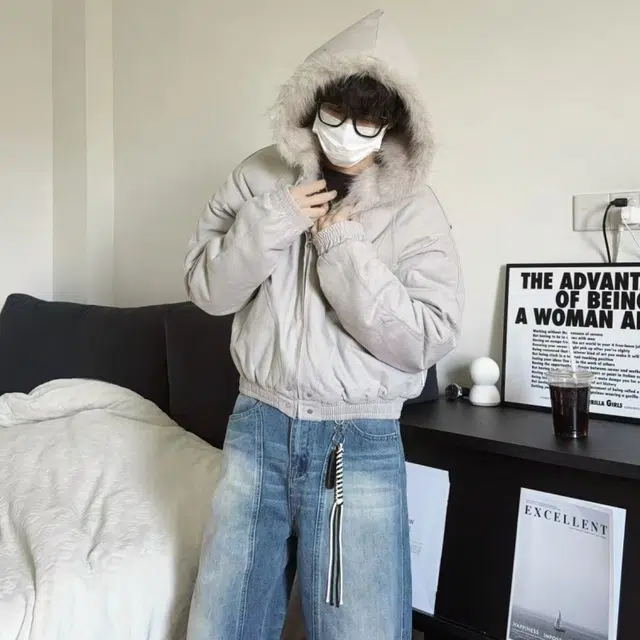 一碗士多 解构裁片纯色毛绒连帽座山雕防风保暖小众高级设计感工装无性别主义不挑人宽松舒适百搭日常城市户外通勤情侣慵懒风棉服 男女同款