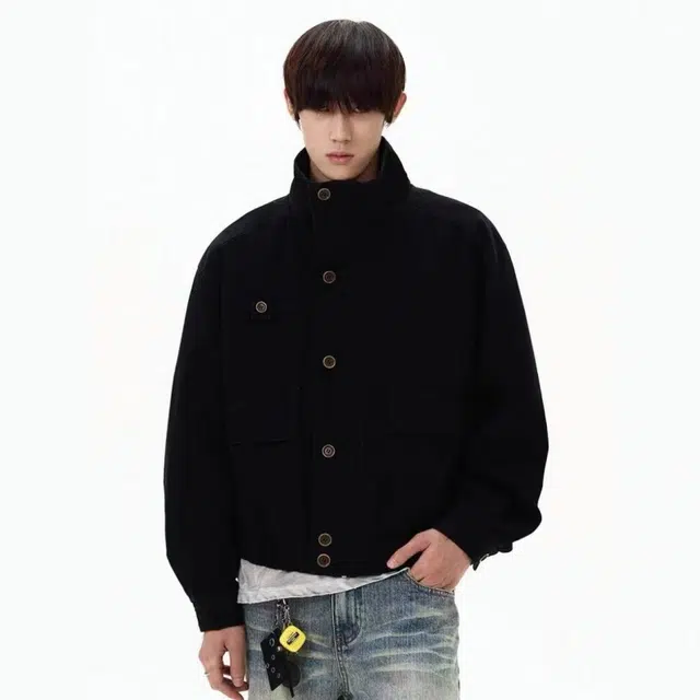 一碗士多  纯色工装口袋立领廓形静默美式复古水洗帆布高级感设计无性别主义宽松舒适百搭日常城市通勤情侣出街拍照痞帅风棒球服 男女同款