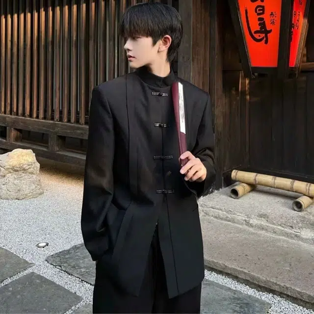 一碗士多 中国风盘扣纯色新中式中山装立领唐装垫肩民国学生高级感休闲复古风设计感出片清冷风西装 男女同款