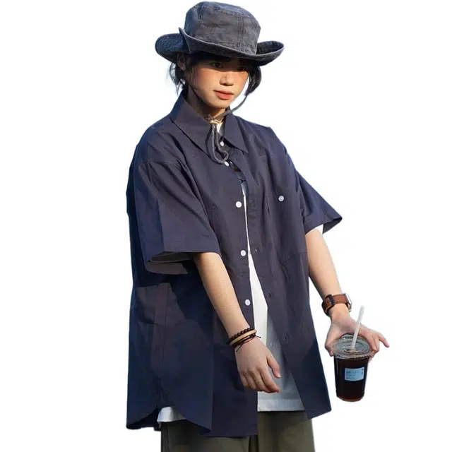 一碗士多 日系复古纯色宽松休闲衬衣短袖衬衫 男女同款