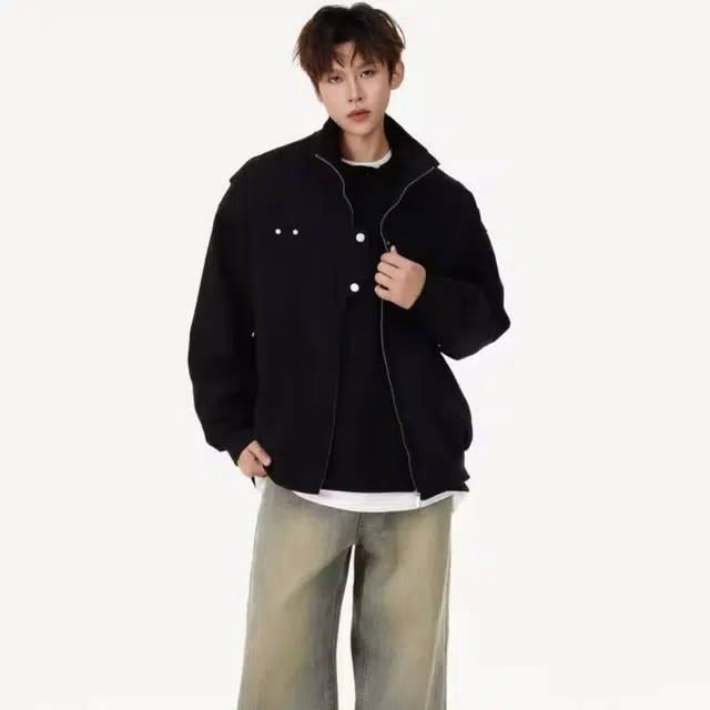 一碗士多 纯色拉链拼接解构纽扣美式复古高街时尚流行痞帅个性高级设计日常通勤宽松舒适百搭不挑人夹克 男女同款