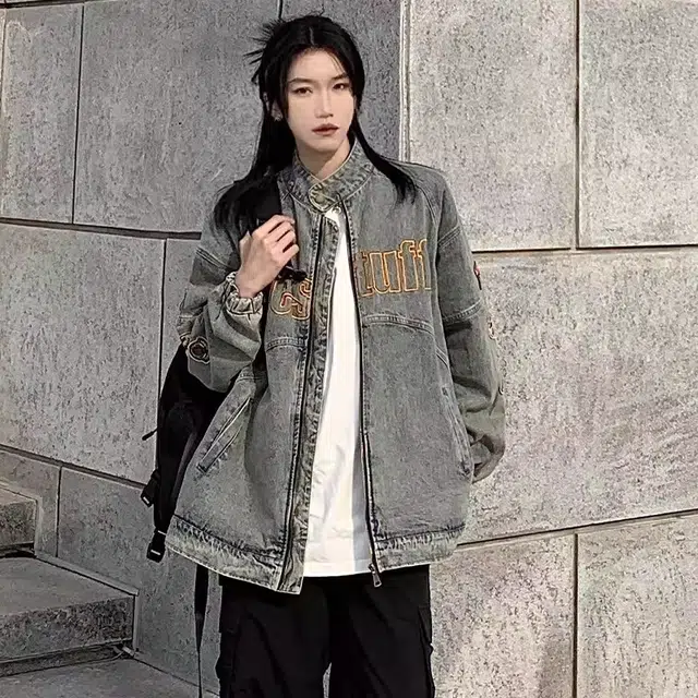 一碗士多 美式复古高街小众百搭做旧水洗痞帅拼接拉链字母印花日常通勤户外纽扣立领长袖牛仔夹克 男女同款