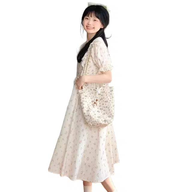 一碗士多 甜美清新蕾丝拼接系带风初恋女夏季学生收腰显瘦中长裙短袖连衣裙 女款