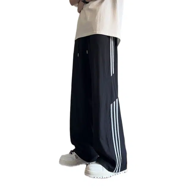 一碗士多 条纹速干冰丝裤子男士夏季薄款宽松阔腿男生运动裤青少年长裤休闲裤 男款