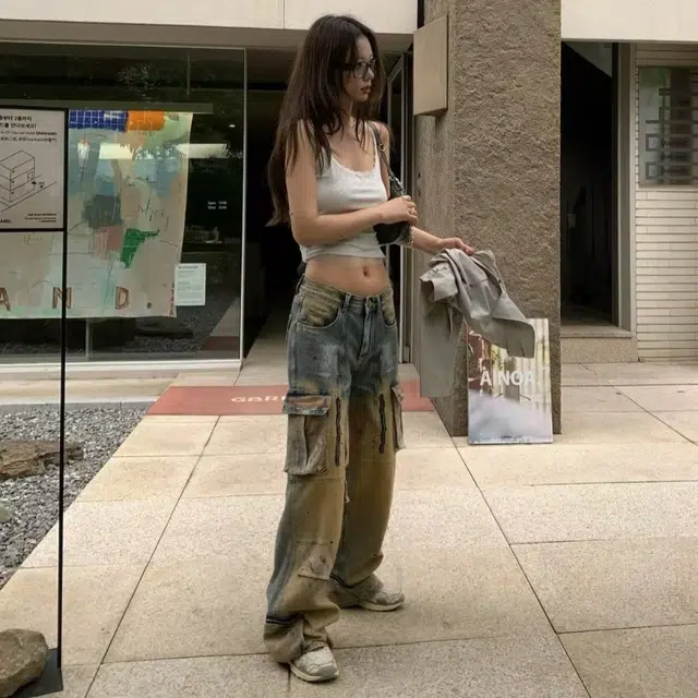 一碗士多 黄泥洗喷墨多口袋拉链工装渐变褶皱水洗做旧拼接百搭美式高街设计感重工小众时尚炸街牛仔裤 男女同款