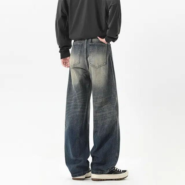 一碗士多 美式高街复古小众百搭简约渐变经典做旧水洗基础款日常通勤微喇垂感拖地宽松阔腿直筒牛仔裤 男女同款