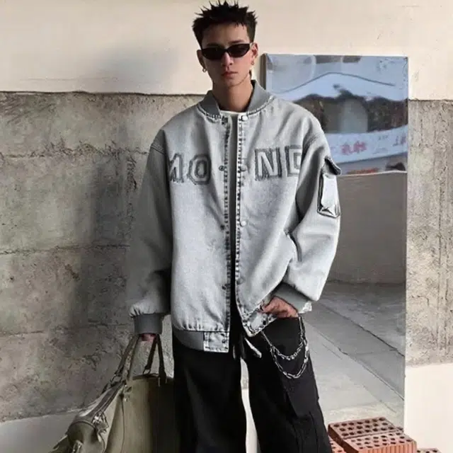 一碗士多 美式复古高街小众百搭简约字母个性时尚痞帅日常通勤户外徒步宽松舒适做旧水洗落肩袖夹克 男女同款