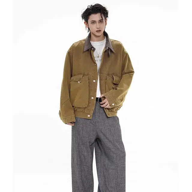 一碗士多 美式复古高街小众百搭纯色简约宽松舒适个性痞帅时尚通勤户外日常运动单排扣翻领基础款夹克 男女同款