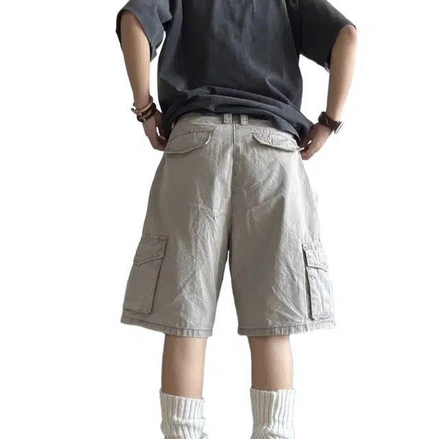 一碗士多 美式复古多口袋工装宽松休闲直筒机能阔腿五分裤牛仔短裤 男女同款