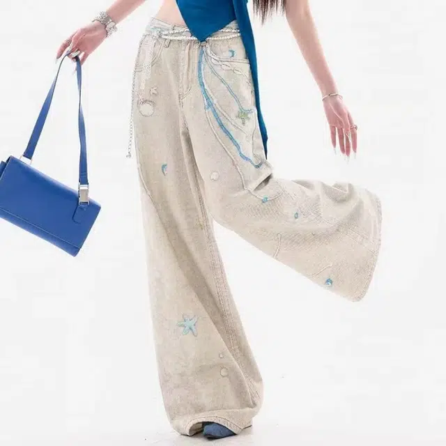 一碗士多 印花泼墨蕾丝珍珠设计感高级韩系松弛感脏染水洗做旧慵懒风穿搭海滩度假风日常百搭拖地旅游牛仔裤 男女同款