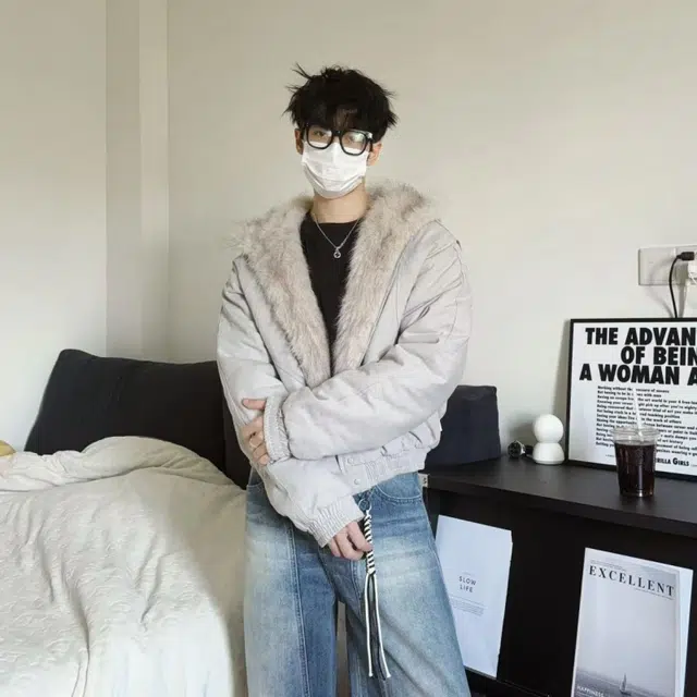 一碗士多 解构裁片纯色毛绒连帽座山雕防风保暖小众高级设计感工装无性别主义不挑人宽松舒适百搭日常城市户外通勤情侣慵懒风棉服 男女同款