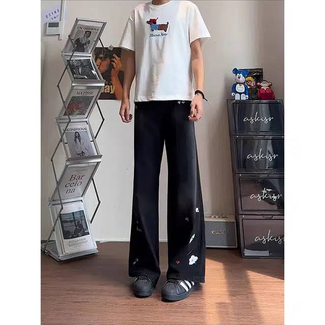 一碗士多 拼接水洗做旧卡通印花美式复古直筒高街时尚流行痞帅个性高级设计日常通勤宽松舒适百搭牛仔裤 男女同款