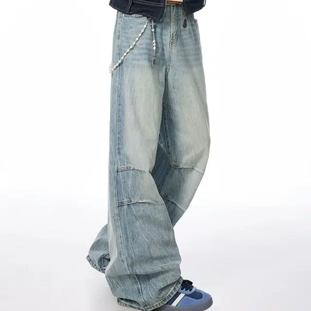 一碗士多 褶皱水洗做旧渐变设计感解构美式高街直筒阔腿裤宽松日常百搭韩系潮流小众牛仔裤 男女同款