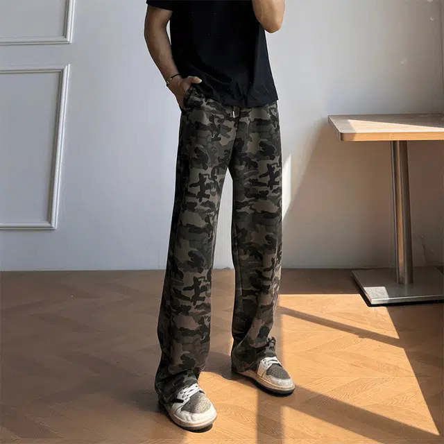 一碗士多 美式高街百搭小众迷彩垂感拖地阔腿直筒宽松休闲裤 男女同款