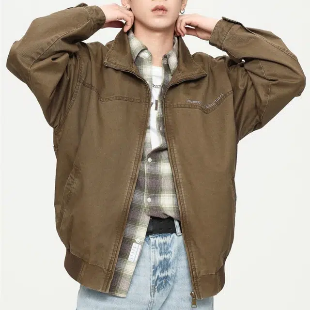 一碗士多 琥珀系重磅复古美式字母设计感拉链百搭小众纯色拼接做旧水洗宽松落肩袖翻领工装外套夹克 男女同款