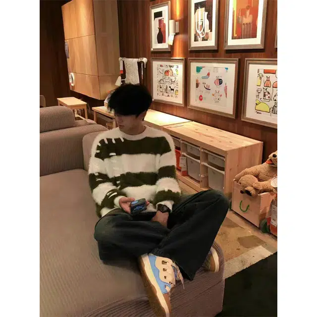 一碗士多 条纹拼接补丁圆领套头美式复古高街时尚流行痞帅个性高级设计日常通勤宽松舒适百搭不挑人针织衫 男女同款