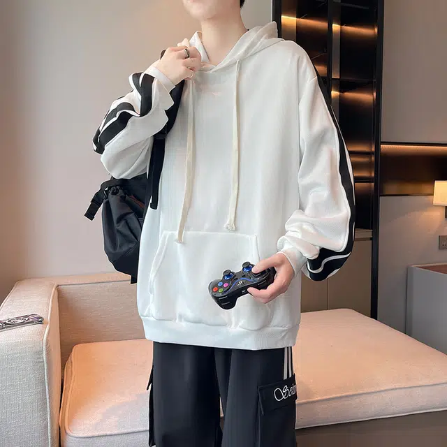 一碗士多 美式复古条纹拼接高级感设计学院风青春活力个性时尚户外通勤日常百搭舒适宽松慵懒风连帽大口袋长袖卫衣 男女同款