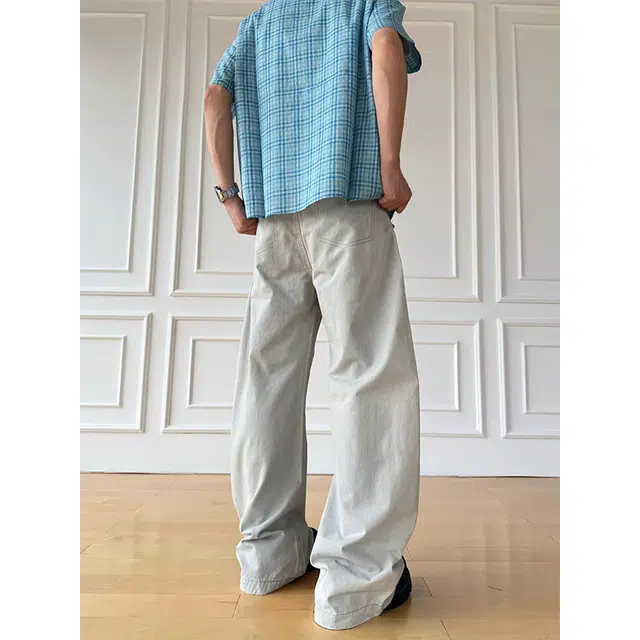 一碗士多 绿松石撞钉装饰拼接解构弯刀阔腿立体裁剪美式复古高街小众设计高级感日常户外通勤宽松百搭舒适显高显瘦痞帅风牛仔裤 男女同款