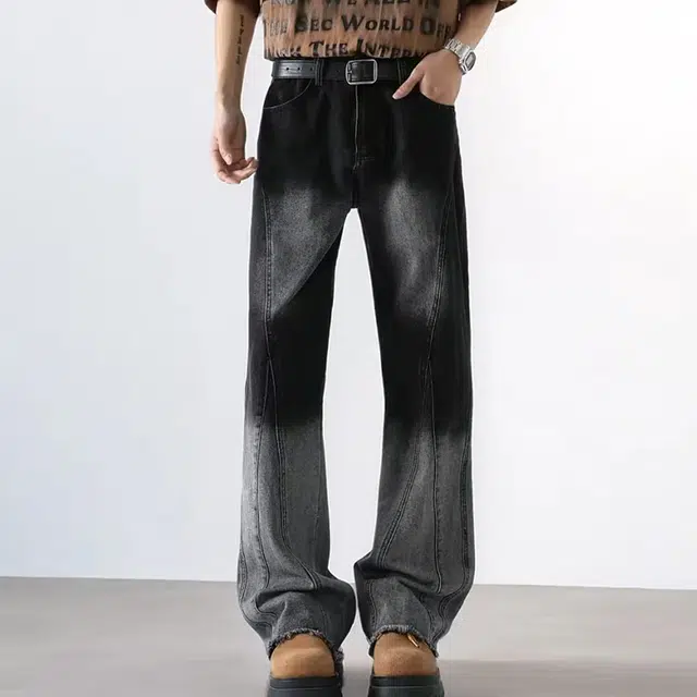 一碗士多 美式经典复古高街小众百搭做旧水洗渐变拼接设计痞帅通勤户外宽松微喇显高显瘦垂感拖地阔腿直筒裤子牛仔裤 男女同款