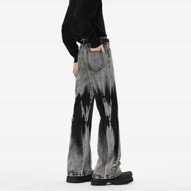 一碗士多 美式小众复古经典高街百搭做旧水洗痞帅个性时尚废土风日常渐变层次感通勤户外扎染设计阔腿直筒裤子牛仔裤 男女同款