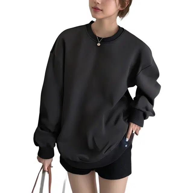 一碗士多 美式复古高街小众百搭纯色简约设计感字母宽松舒适日常通勤运动户外内搭个性落肩袖圆领卫衣 男女同款