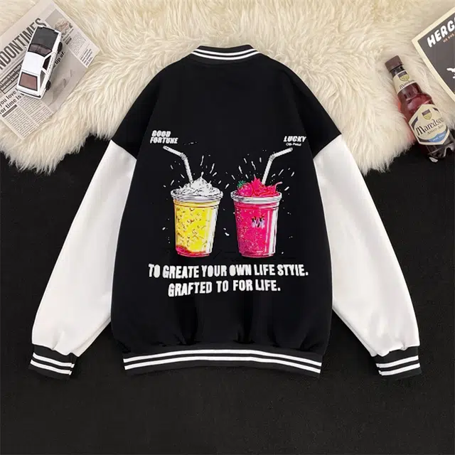 一碗士多 美式百搭高街小众复古拼接落肩单排扣独特印花设计简约宽松舒适重磅基础款经典棒球领夹克 男女同款