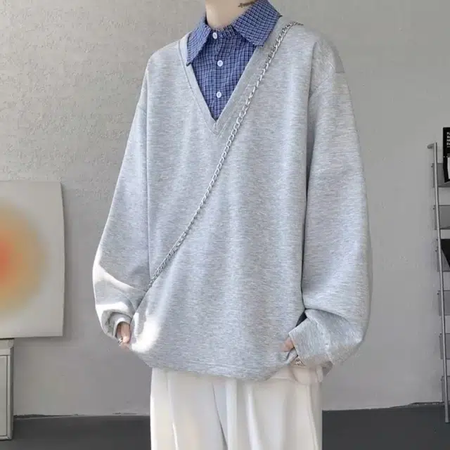 一碗士多 美式小众百搭复古经典设计感纯色格子拼接假两件学院风青春个性时尚宽松日常通勤户外卫衣 男女同款