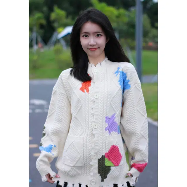 一碗士多 破洞涂鸦撞色宽松百搭舒适针织衫 男女同款