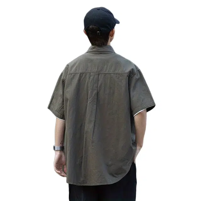 一碗士多 日系不规则口袋水洗工装机能风短袖衬衫 男女同款