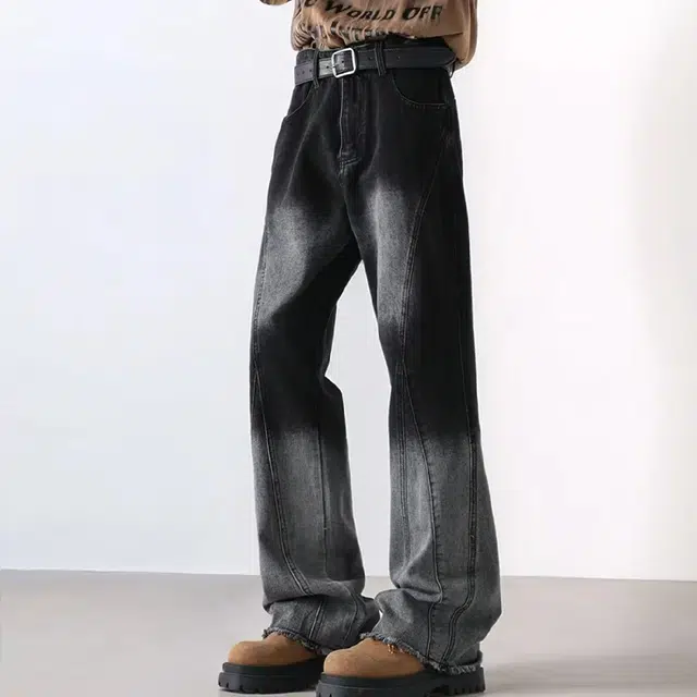 一碗士多 美式经典复古高街小众百搭做旧水洗渐变拼接设计痞帅通勤户外宽松微喇显高显瘦垂感拖地阔腿直筒裤子牛仔裤 男女同款