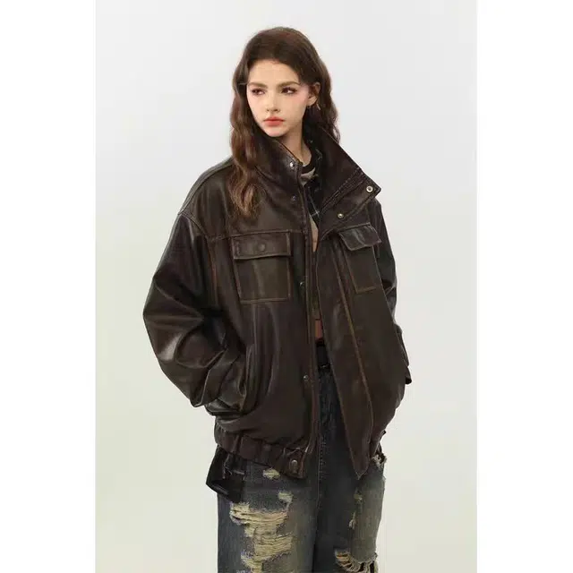 一碗士多 拼接解构口袋条纹美式复古高街时尚流行痞帅个性高级设计日常通勤宽松舒适百搭皮衣 男女同款