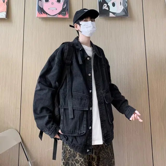 一碗士多 美式复古纯色简约做旧单排扣宽松大口袋设计日常通勤户外个性痞帅时尚翻领落肩袖经典牛仔夹克 男女同款