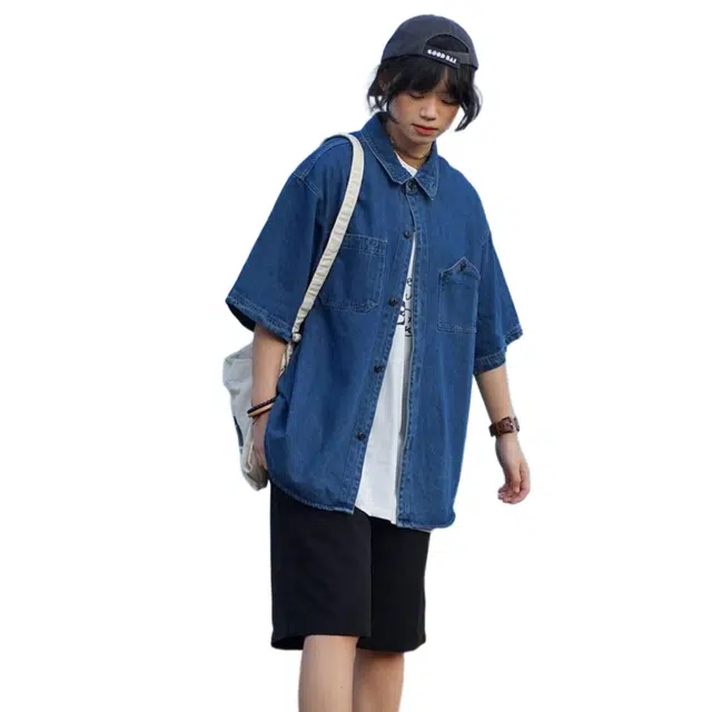 一碗士多 日系潮牌复古宽松时尚百搭短袖衬衫 男女同款