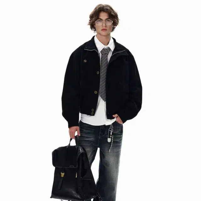 一碗士多  纯色工装口袋立领廓形静默美式复古水洗帆布高级感设计无性别主义宽松舒适百搭日常城市通勤情侣出街拍照痞帅风棒球服 男女同款