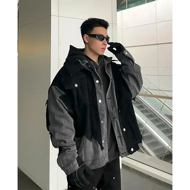 一碗士多 假两件撕裂拼接破裂美式复古高街时尚流行痞帅个性高级设计日常通勤宽松舒适百搭不挑人夹克 男女同款