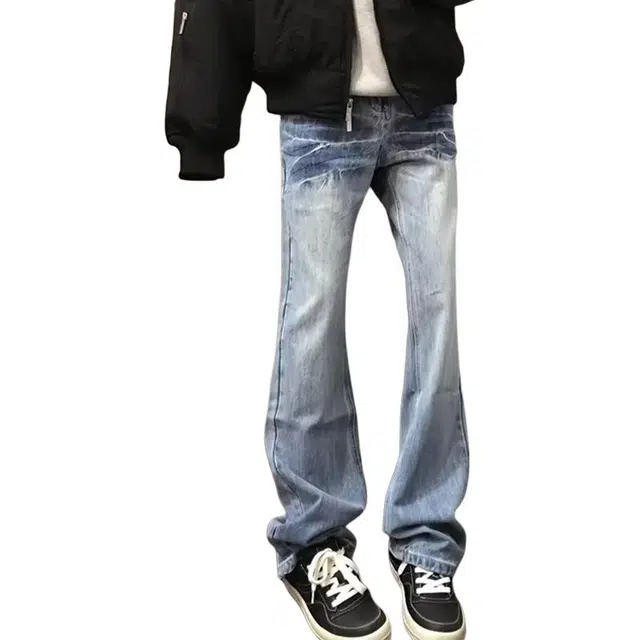 一碗士多 美式高街小众百搭闪电纹设计感做旧水洗个性时尚痞帅拍照垂感拖地阔腿直筒微喇经典款牛仔裤 男女同款