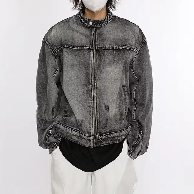 一碗士多 美式复古高街小众百搭做旧水洗拼接设计感袖口拉链个性痞帅时尚日常通勤机车立领牛仔夹克 男女同款