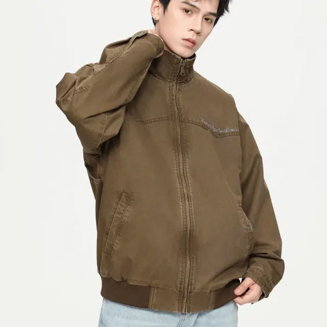 一碗士多 琥珀系重磅复古美式字母设计感拉链百搭小众纯色拼接做旧水洗宽松落肩袖翻领工装外套夹克 男女同款