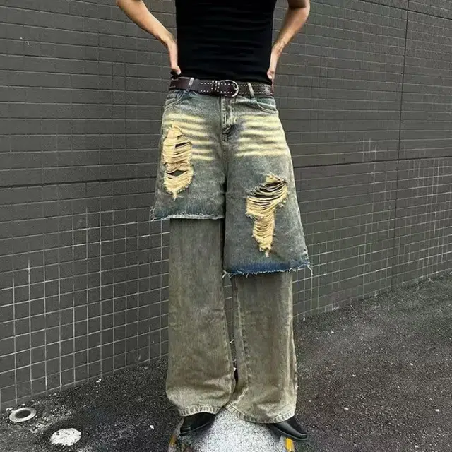 一碗士多 破洞假两件猫须水洗做旧磨白拖地美式高街潮流痞帅时尚炸街流行废土风设计感小众重工牛仔裤 男女同款