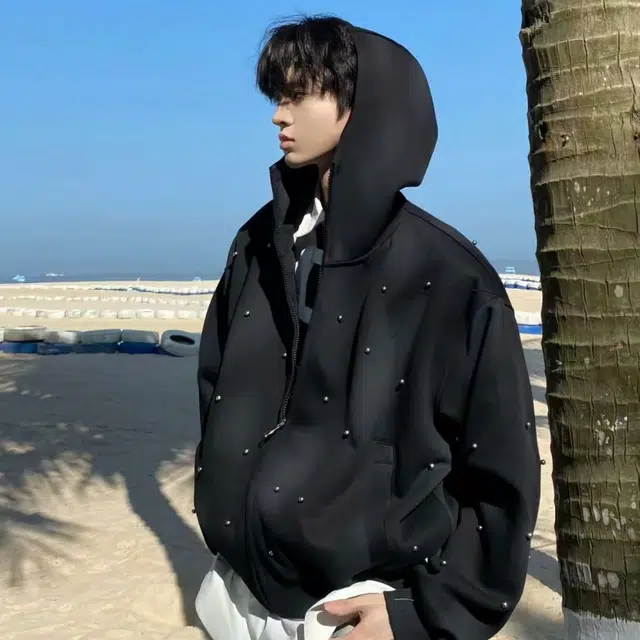 一碗士多 珍珠点缀个性脏扎染小众化高级感宽松舒适百搭防风美式复古高街日常城市户外通勤出街拍照街头嘻哈风卫衣 男女同款