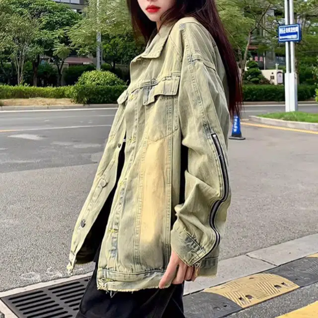 一碗士多 美式高街小众复古百搭简约袖子设计个性时尚痞帅做旧水洗单排扣通勤日常户外运动翻领牛仔夹克 男女同款