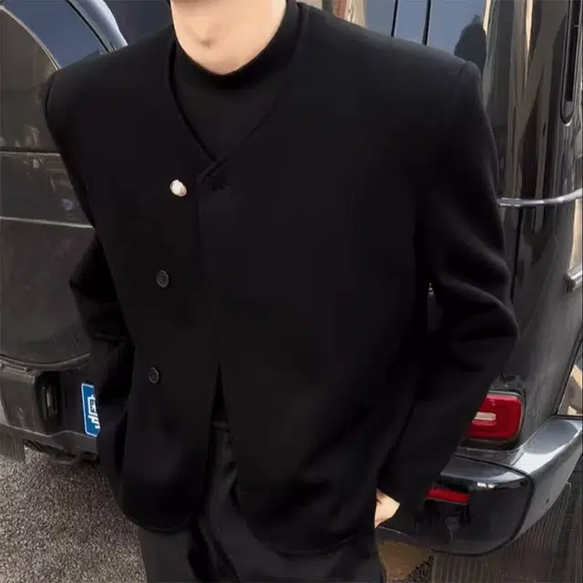 一碗士多 无领纯色三粒扣不规则垫肩暗黑风韩系设计感高级感简约山本风潮流百搭显瘦时尚冷淡系穿搭西装 男女同款