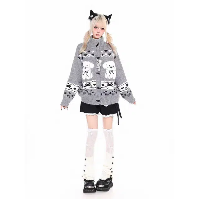 一碗士多 狗狗爱心图案特色纽扣美式复古高街时尚流行痞帅个性高级设计日常通勤宽松舒适百搭不挑人针织衫 男女同款