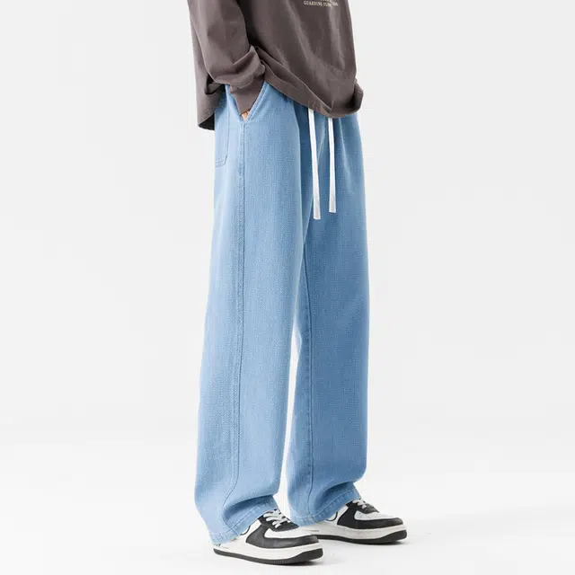 一碗士多 美式高街纯色百搭小众抽绳设计宽松垂感阔腿柔软舒适直筒显高显瘦日常活动户外通勤星空纹经典款牛仔裤 男女同款