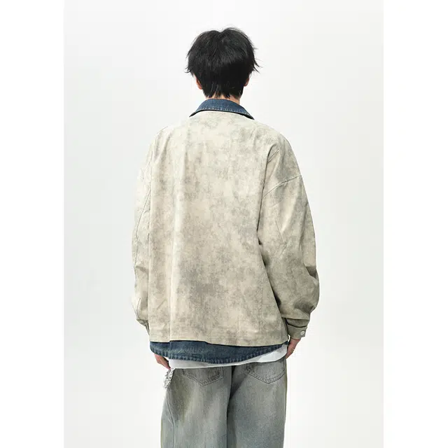 一碗士多 美式复古假两件牛仔拼接撞色高级感趣味设计个性小众时尚潮流户外通勤日常百搭防风休闲潮牌舒适宽松翻领落肩单排扣夹克 男女同款